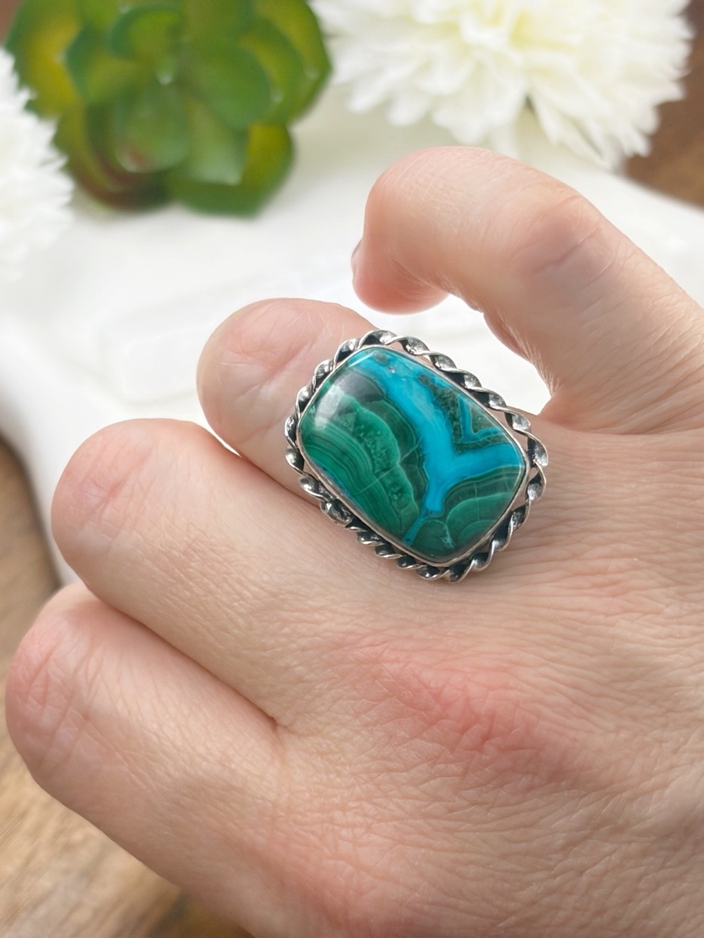 Chunky Malachite Chrysocolla Ring Size 7 1/4 7.25 Vintage Boho Southwest Style - Picture 2 of 7